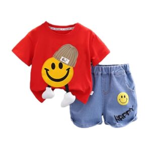 Face Print Half Sleeve T-Shirt & Denim Shorts Summer Clothing Set