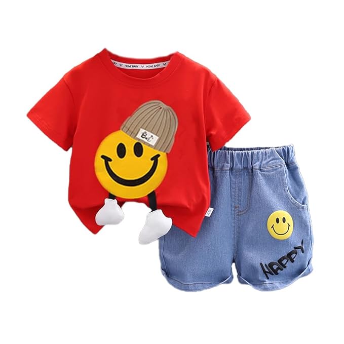 Face Print Half Sleeve T-Shirt & Denim Shorts Summer Clothing Set