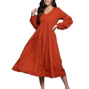 Varanga Women Rust V-Neck A-Line Dress with Bishop Sleeves, Gathered Details, Flared Hem