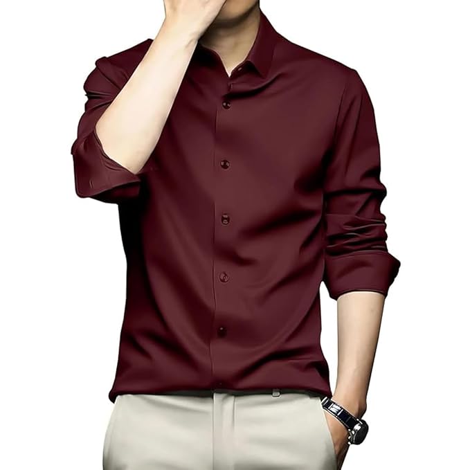 DEELMO Men's Stylish Solid Satin Casual Shirt for Men Full Sleeves| Poly Satin Silk Shirt