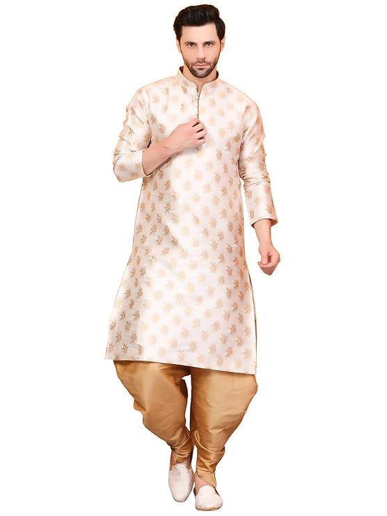 Over Crowd Men Ethnic Gold Leaves 100% pure Jacquard Kurta