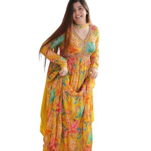 KD Women Floral Print Anarkali Kurta with Pant and Dupatta Set