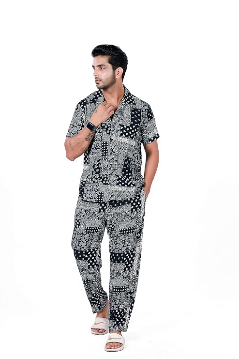 GURIK Men`S Rayon Printed Pajama Set with Elasticated Waist