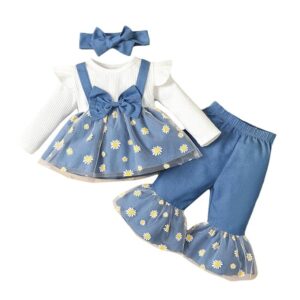 Hopscotch Girls Blue Floral Print Top and Pant Set with Headband